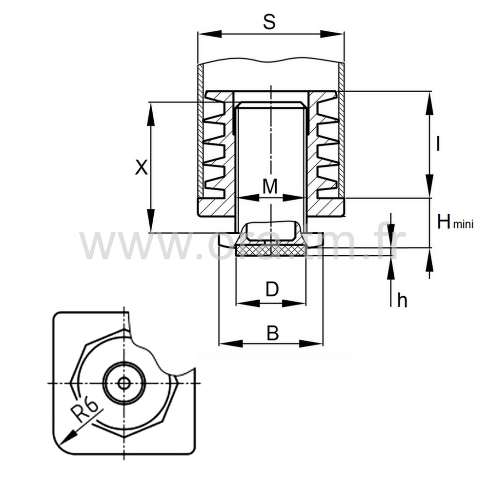 IVDFE - INSERT VERIN AMORTISSEUR - APPUI GLISSEUR TUBE CARRE