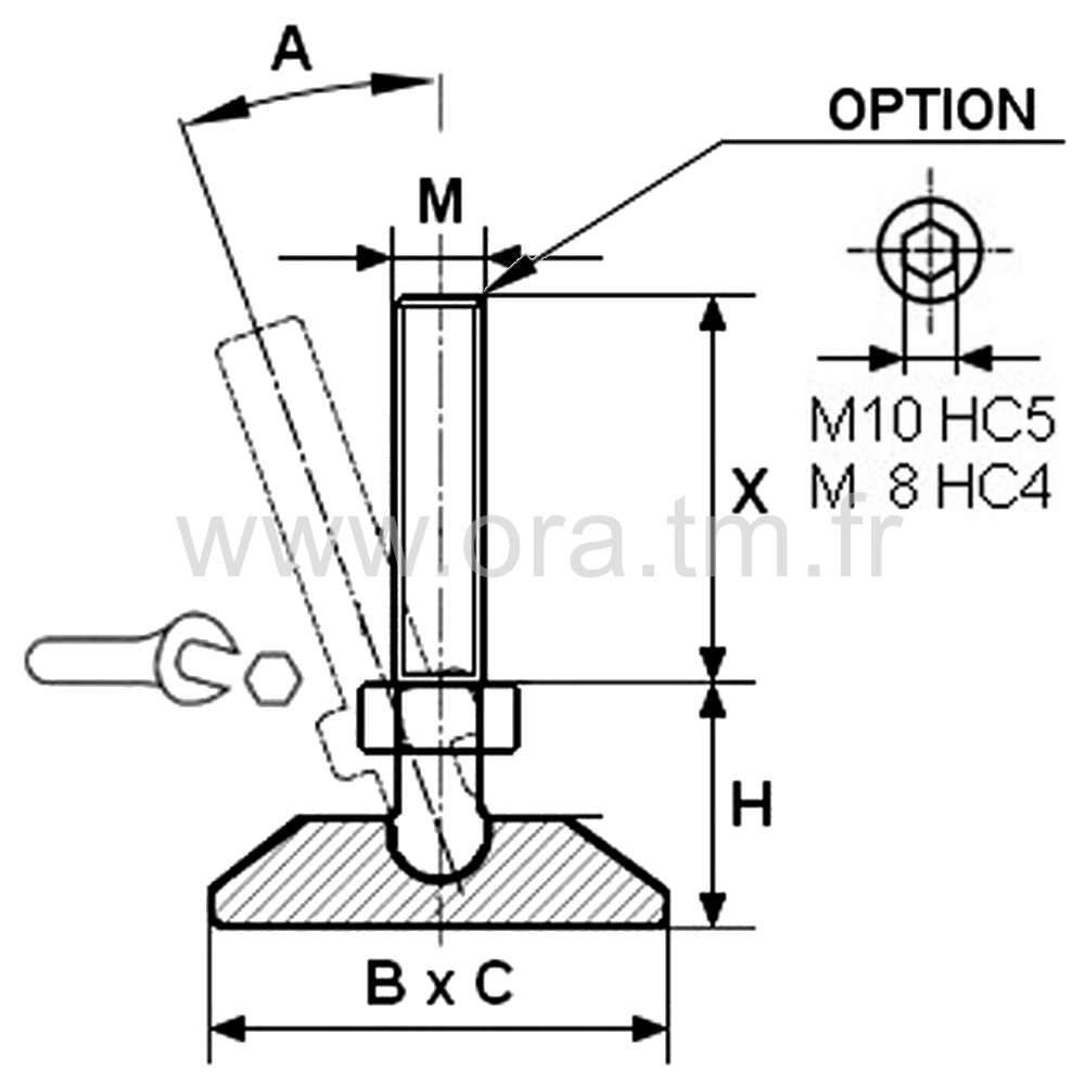 VCR - VERIN ORIENTABLE - BASE RECTANGULAIRE