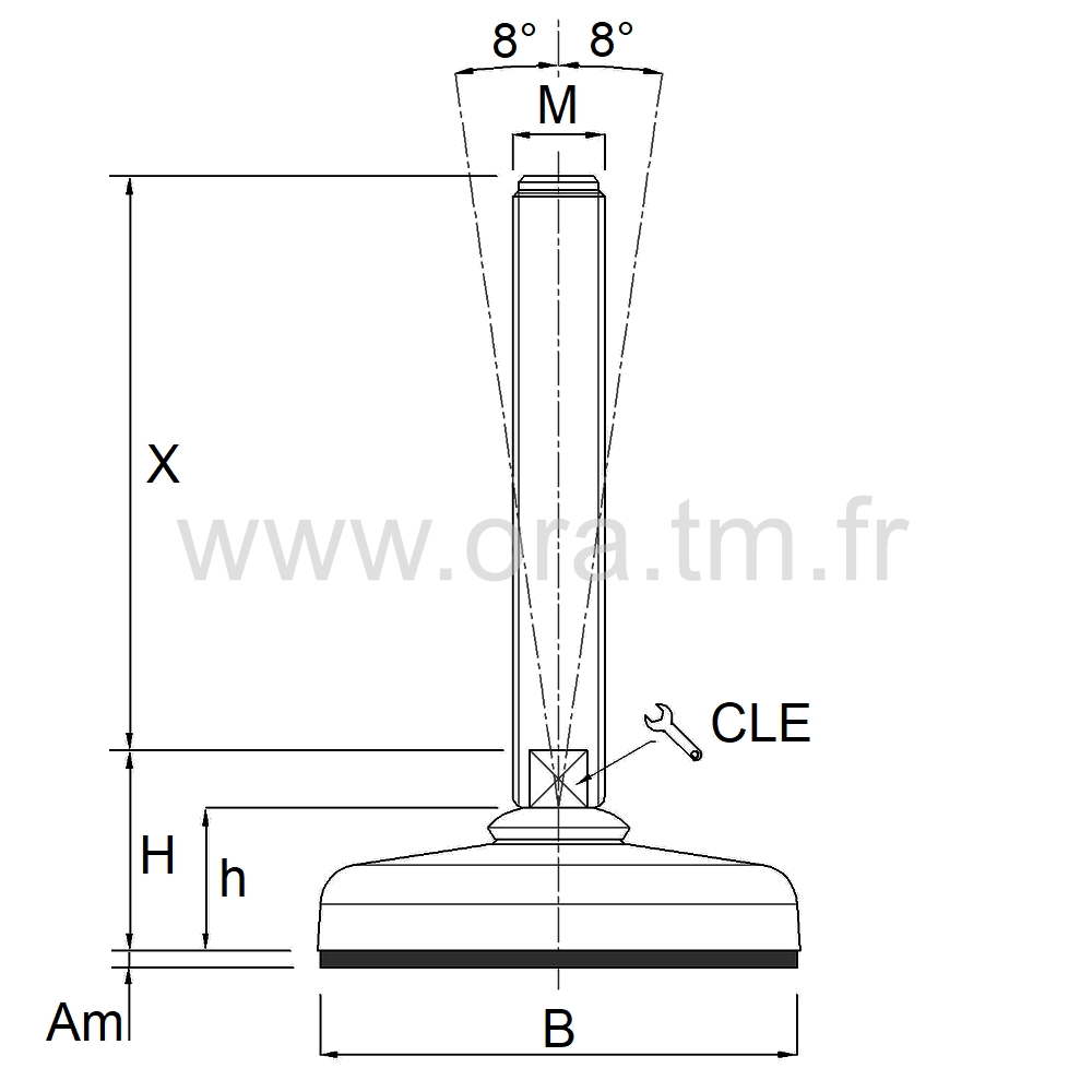 VMB6 - VERIN PIED CONVOYEUR - PRISE 2 PLATS ANGLE 8°