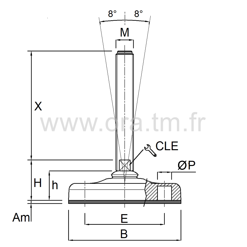 VMB8 - VERIN PIED CONVOYEUR - PRISE 2 PLATS ANGLE 8°