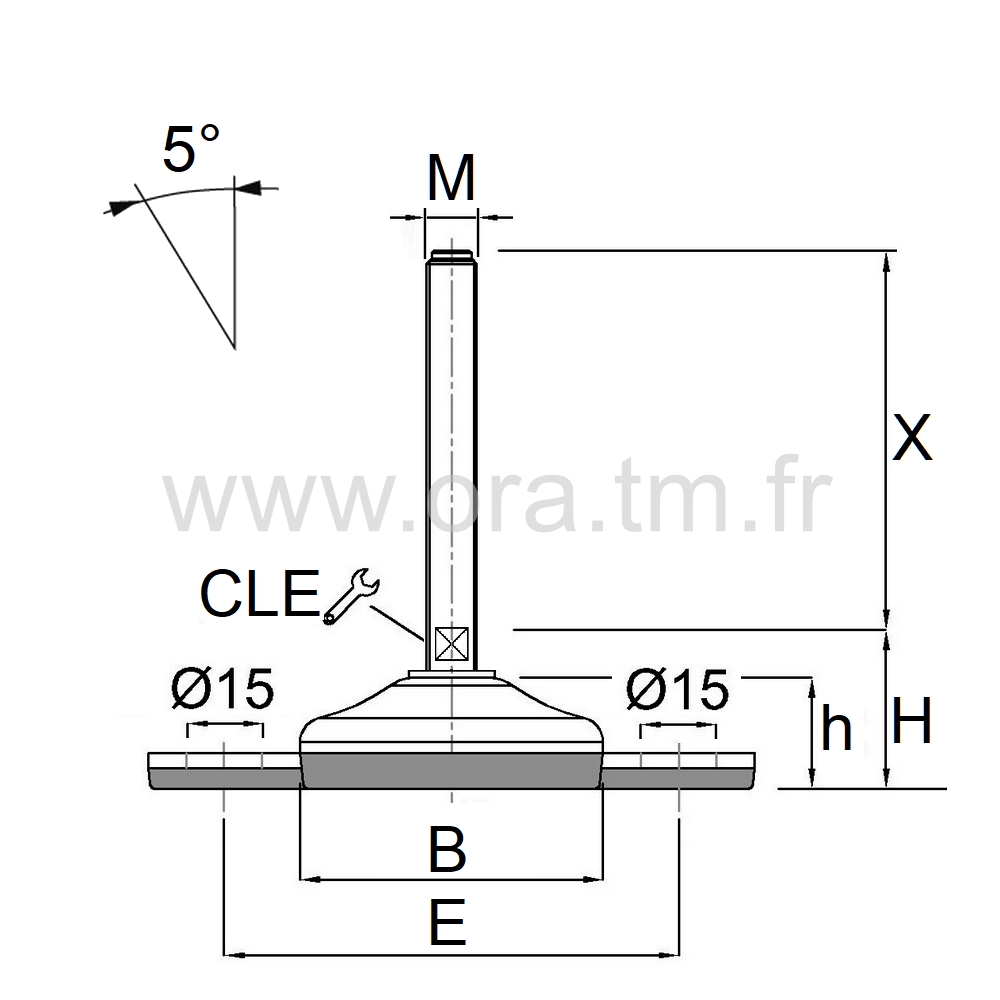 VME2 - VERIN PIED MACHINE - APPUI VULCANISE ANGLE 5°